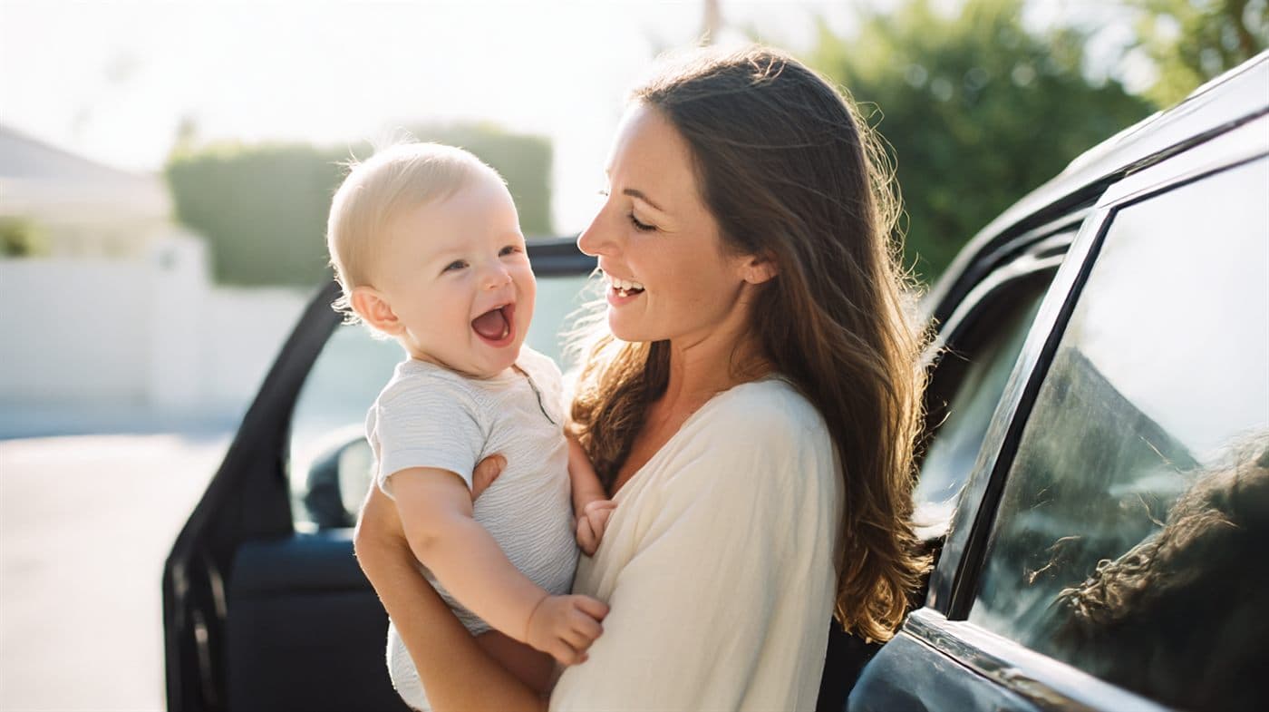 A mother holding her laughing baby in the sunshine