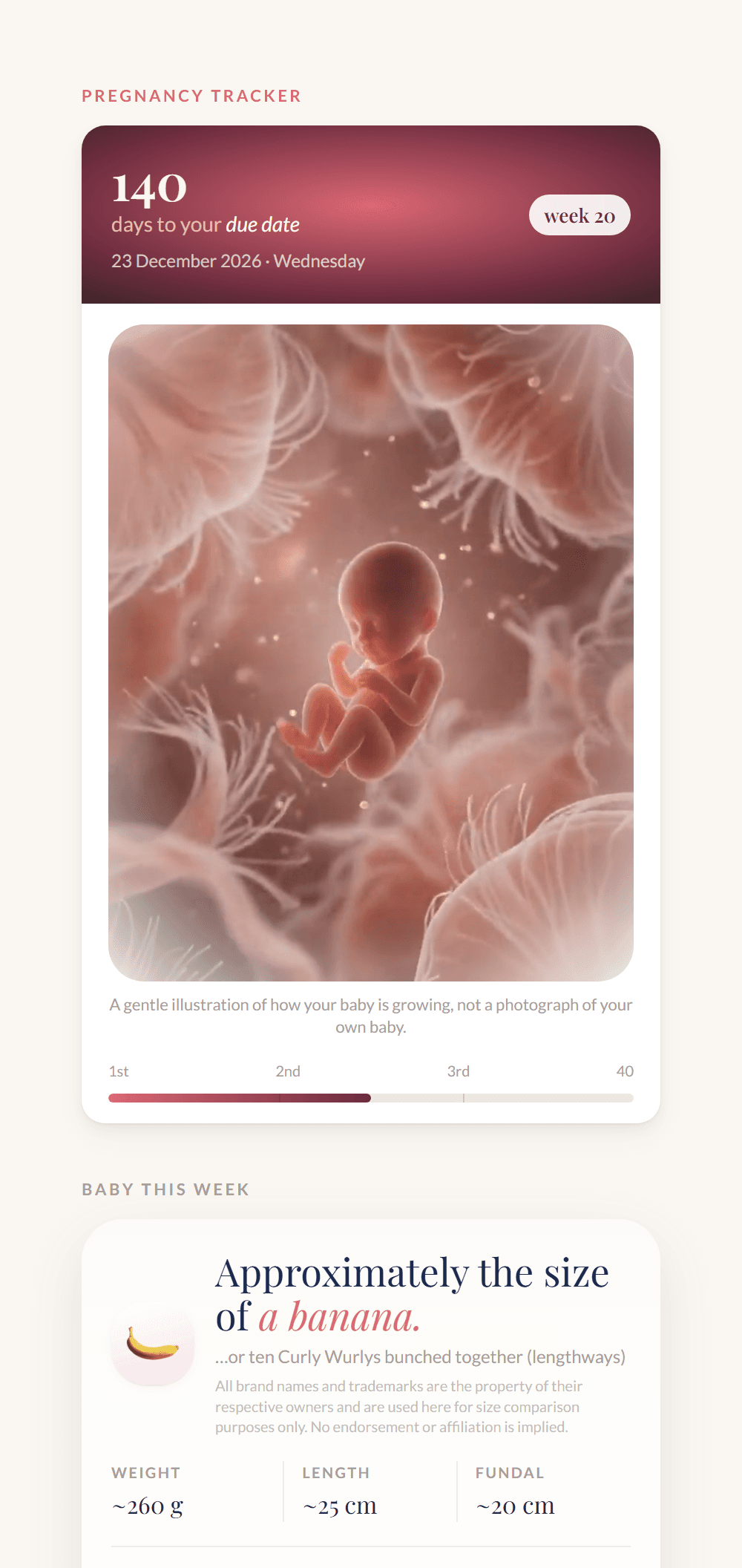The pregnancy tracker, showing the baby at week twenty and a slider to watch them grow
